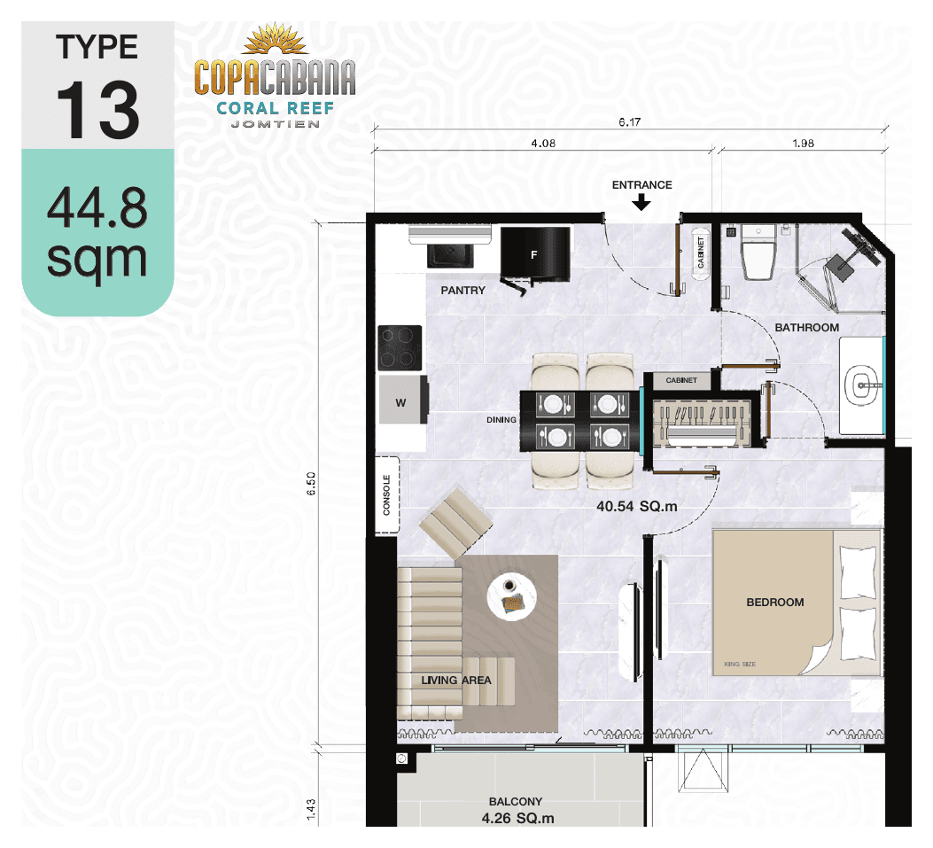 1-bedroom, 44.8 m² — Copacabana Coral Reef — Floor plan