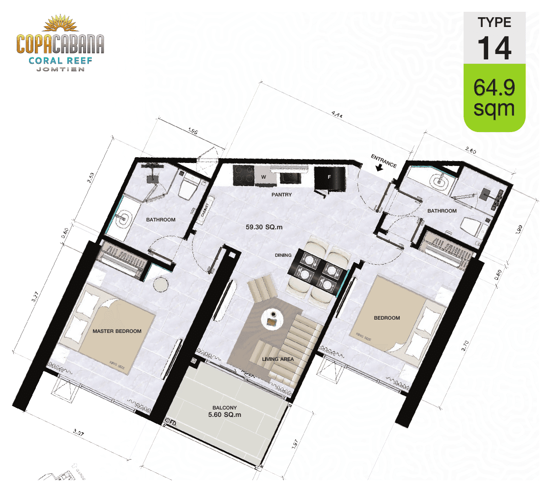 2-bedroom, 64.9 m² — Copacabana Coral Reef — Floor plan