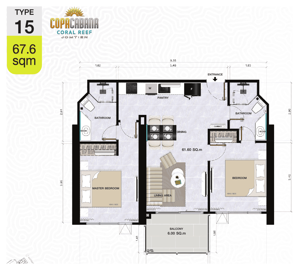 2-bedroom, 67.6 m² — Copacabana Coral Reef — Floor plan