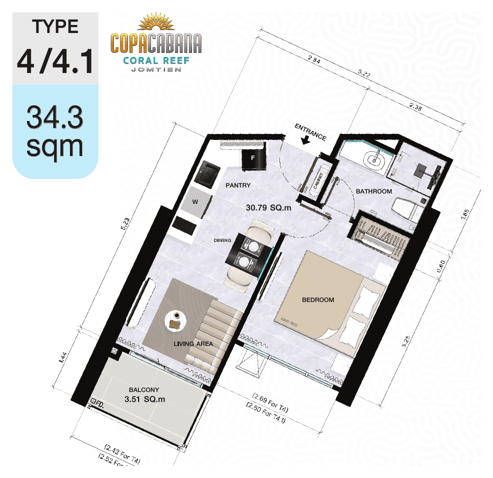 1-bedroom, 34.3 m² — Copacabana Coral Reef — Floor plan