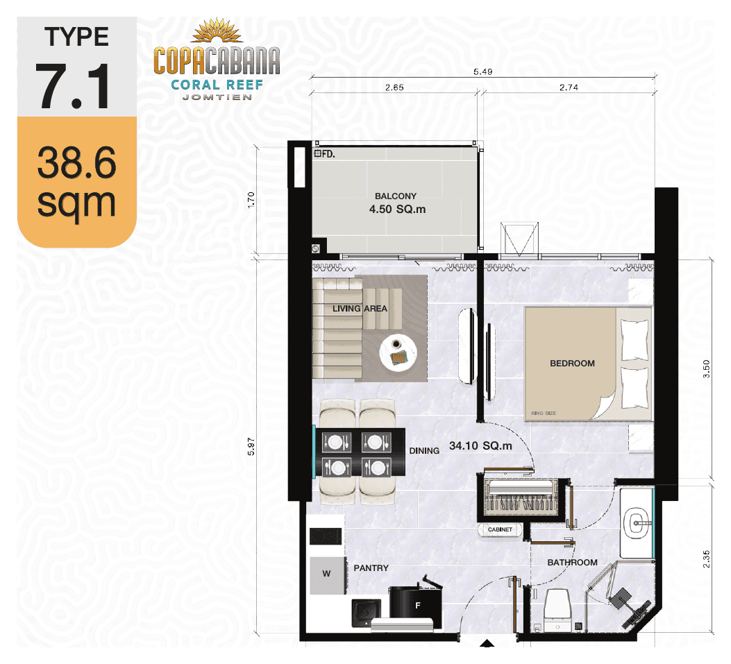 1-bedroom, 38.6 m² — Copacabana Coral Reef — Floor plan
