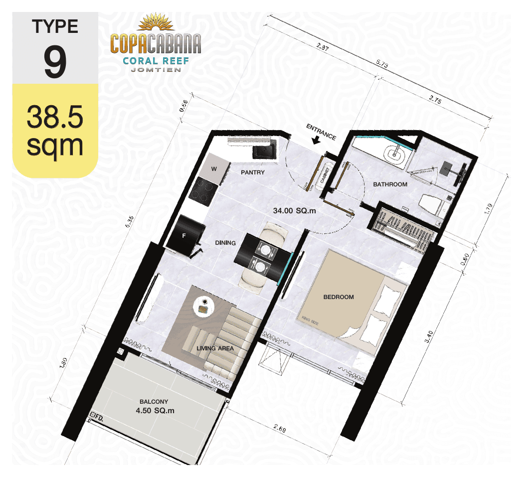 1-bedroom, 38.5 m² — Copacabana Coral Reef — Floor plan